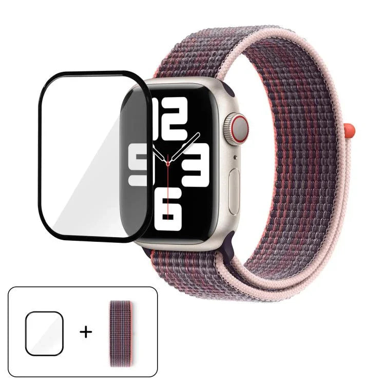 สายรัดนาฬิกาไนลอนแบบห่วงพื้นฐานพร้อมฟิล์มโค้ง 3D สำหรับ Apple Watch Series ขนาด 41 มม., สำหรับ Apple Watch Series ขนาด 38 มม., สำหรับ Apple Watch Series ขนาด 42 มม.