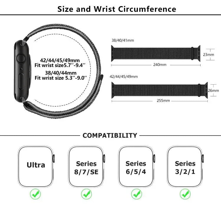 สายรัดนาฬิกาไนลอนแบบห่วงพื้นฐานพร้อมฟิล์มโค้ง 3D สำหรับ Apple Watch Series ขนาด 41 มม., สำหรับ Apple Watch Series ขนาด 38 มม., สำหรับ Apple Watch Series ขนาด 42 มม.