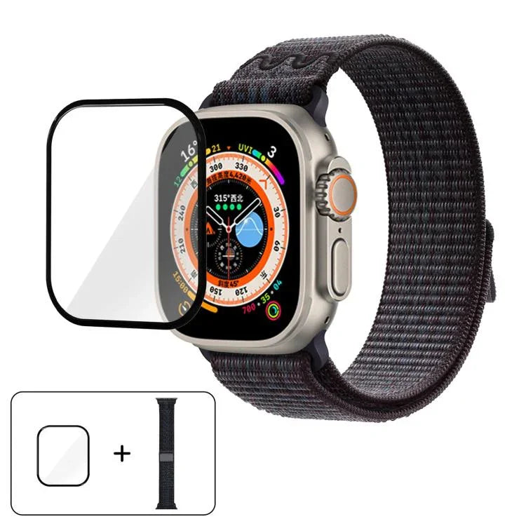 สายรัดนาฬิกาไนลอนแบบห่วงพร้อมฟิล์มโค้ง 3D สำหรับ Apple Watch Series ขนาด 40 มม., สำหรับ Apple Watch Ultra 2 / 1 ขนาด 49 มม., สำหรับ Apple Watch Series ขนาด 45 มม.