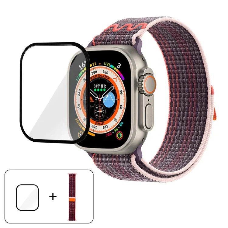 สายรัดนาฬิกาไนลอนแบบห่วงพร้อมฟิล์มโค้ง 3D สำหรับ Apple Watch Series ขนาด 40 มม., สำหรับ Apple Watch Ultra 2 / 1 ขนาด 49 มม., สำหรับ Apple Watch Series ขนาด 45 มม.