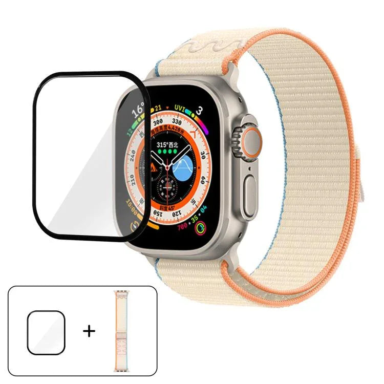 สายรัดนาฬิกาไนลอนแบบห่วงพร้อมฟิล์มโค้ง 3D สำหรับ Apple Watch Series ขนาด 40 มม., สำหรับ Apple Watch Ultra 2 / 1 ขนาด 49 มม., สำหรับ Apple Watch Series ขนาด 45 มม.