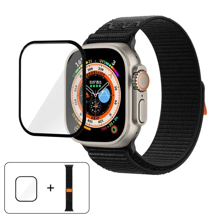 สายรัดนาฬิกาไนลอนแบบห่วงพร้อมฟิล์มโค้ง 3D สำหรับ Apple Watch Series ขนาด 40 มม., สำหรับ Apple Watch Ultra 2 / 1 ขนาด 49 มม., สำหรับ Apple Watch Series ขนาด 45 มม.