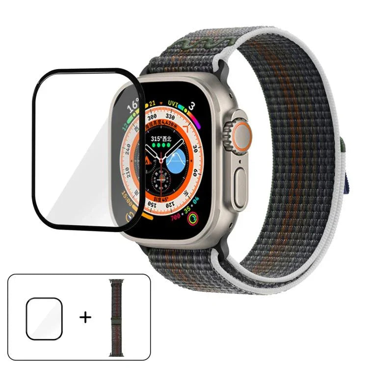 สายรัดนาฬิกาไนลอนแบบห่วงพร้อมฟิล์มโค้ง 3D สำหรับ Apple Watch Series ขนาด 40 มม., สำหรับ Apple Watch Ultra 2 / 1 ขนาด 49 มม., สำหรับ Apple Watch Series ขนาด 45 มม.