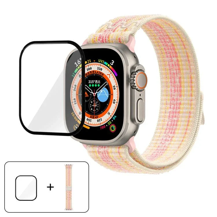 สายรัดนาฬิกาไนลอนแบบห่วงพร้อมฟิล์มโค้ง 3D สำหรับ Apple Watch Series ขนาด 40 มม., สำหรับ Apple Watch Ultra 2 / 1 ขนาด 49 มม., สำหรับ Apple Watch Series ขนาด 45 มม.