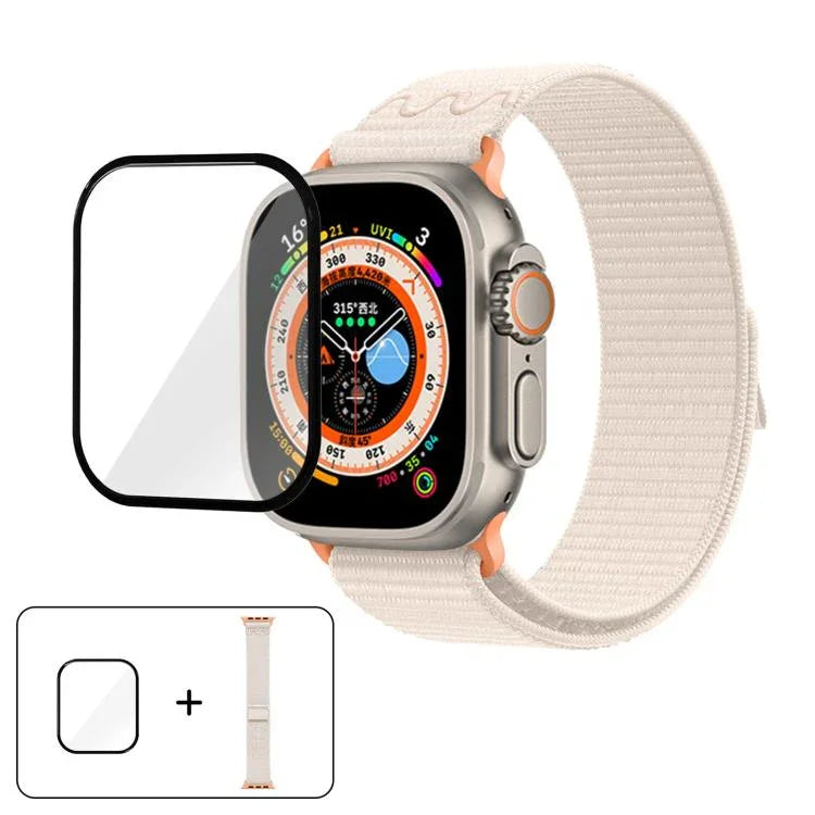 สายรัดนาฬิกาไนลอนแบบห่วงพร้อมฟิล์มโค้ง 3D สำหรับ Apple Watch Series ขนาด 40 มม., สำหรับ Apple Watch Ultra 2 / 1 ขนาด 49 มม., สำหรับ Apple Watch Series ขนาด 45 มม.