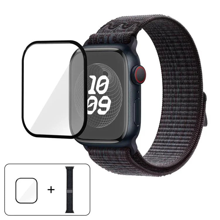 สายรัดนาฬิกาไนลอนแบบห่วงพร้อมฟิล์มโค้ง 3D สำหรับ Apple Watch Series ขนาด 41 มม., สำหรับ Apple Watch Series ขนาด 38 มม., สำหรับ Apple Watch Series ขนาด 42 มม.