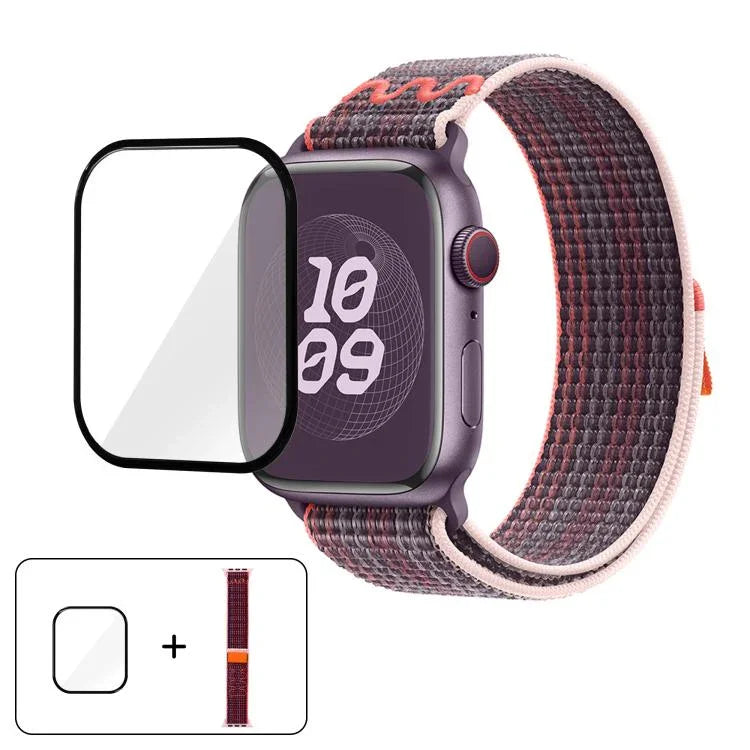 สายรัดนาฬิกาไนลอนแบบห่วงพร้อมฟิล์มโค้ง 3D สำหรับ Apple Watch Series ขนาด 41 มม., สำหรับ Apple Watch Series ขนาด 38 มม., สำหรับ Apple Watch Series ขนาด 42 มม.