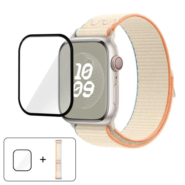 สายรัดนาฬิกาไนลอนแบบห่วงพร้อมฟิล์มโค้ง 3D สำหรับ Apple Watch Series ขนาด 41 มม., สำหรับ Apple Watch Series ขนาด 38 มม., สำหรับ Apple Watch Series ขนาด 42 มม.