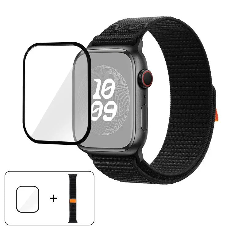 สายรัดนาฬิกาไนลอนแบบห่วงพร้อมฟิล์มโค้ง 3D สำหรับ Apple Watch Series ขนาด 41 มม., สำหรับ Apple Watch Series ขนาด 38 มม., สำหรับ Apple Watch Series ขนาด 42 มม.
