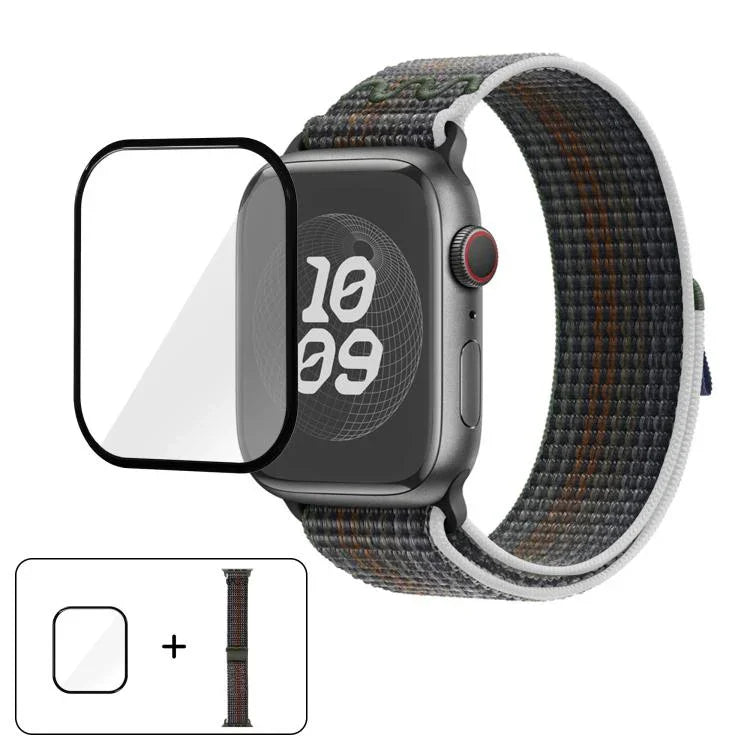 สายรัดนาฬิกาไนลอนแบบห่วงพร้อมฟิล์มโค้ง 3D สำหรับ Apple Watch Series ขนาด 41 มม., สำหรับ Apple Watch Series ขนาด 38 มม., สำหรับ Apple Watch Series ขนาด 42 มม.