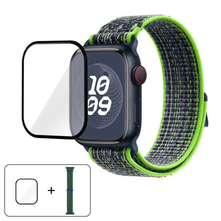 สายรัดนาฬิกาไนลอนแบบห่วงพร้อมฟิล์มโค้ง 3D สำหรับ Apple Watch Series ขนาด 41 มม., สำหรับ Apple Watch Series ขนาด 38 มม., สำหรับ Apple Watch Series ขนาด 42 มม.