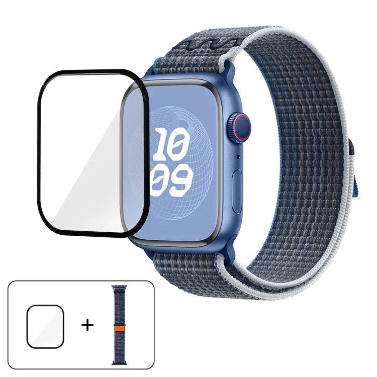 สายรัดนาฬิกาไนลอนแบบห่วงพร้อมฟิล์มโค้ง 3D สำหรับ Apple Watch Series ขนาด 41 มม., สำหรับ Apple Watch Series ขนาด 38 มม., สำหรับ Apple Watch Series ขนาด 42 มม.