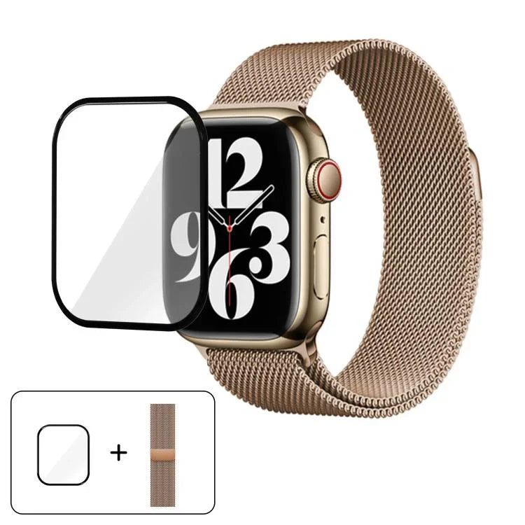 สายรัดนาฬิกาสแตนเลสสตีล Milanese พร้อมฟิล์มโค้ง 3D สำหรับ Apple Watch Series 10 ขนาด 46 มม., สำหรับ Apple Watch Series 10 ขนาด 42 มม., สำหรับ Apple Watch Series ขนาด 44 มม.
