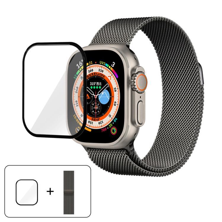 สายรัดนาฬิกาสแตนเลสสตีล Milanese พร้อมฟิล์มโค้ง 3D สำหรับ Apple Watch Series ขนาด 40 มม., สำหรับ Apple Watch Ultra 2 / 1 ขนาด 49 มม., สำหรับ Apple Watch Series ขนาด 45 มม.