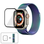 สายรัดนาฬิกาสแตนเลสสตีล Milanese พร้อมฟิล์มโค้ง 3D สำหรับ Apple Watch Series ขนาด 40 มม., สำหรับ Apple Watch Ultra 2 / 1 ขนาด 49 มม., สำหรับ Apple Watch Series ขนาด 45 มม.
