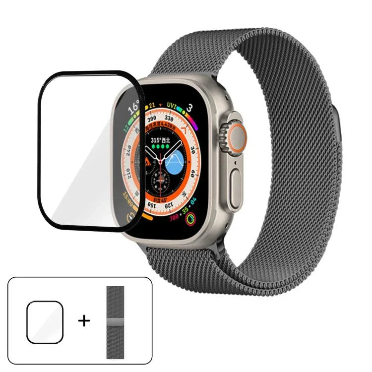 สายรัดนาฬิกาสแตนเลสสตีล Milanese พร้อมฟิล์มโค้ง 3D สำหรับ Apple Watch Series ขนาด 40 มม., สำหรับ Apple Watch Ultra 2 / 1 ขนาด 49 มม., สำหรับ Apple Watch Series ขนาด 45 มม.