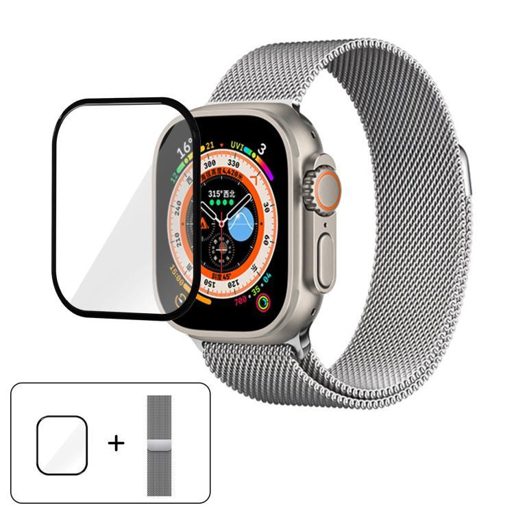 สายรัดนาฬิกาสแตนเลสสตีล Milanese พร้อมฟิล์มโค้ง 3D สำหรับ Apple Watch Series ขนาด 40 มม., สำหรับ Apple Watch Ultra 2 / 1 ขนาด 49 มม., สำหรับ Apple Watch Series ขนาด 45 มม.