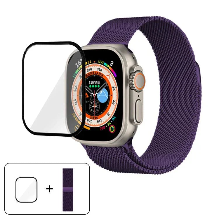 สายรัดนาฬิกาสแตนเลสสตีล Milanese พร้อมฟิล์มโค้ง 3D สำหรับ Apple Watch Series ขนาด 40 มม., สำหรับ Apple Watch Ultra 2 / 1 ขนาด 49 มม., สำหรับ Apple Watch Series ขนาด 45 มม.