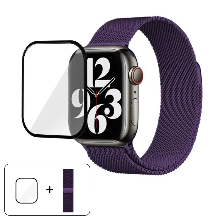 สายรัดนาฬิกาสแตนเลสสตีล Milanese พร้อมฟิล์มโค้ง 3D สำหรับ Apple Watch Series ขนาด 40 มม., สำหรับ Apple Watch Ultra 2 / 1 ขนาด 49 มม., สำหรับ Apple Watch Series ขนาด 45 มม.
