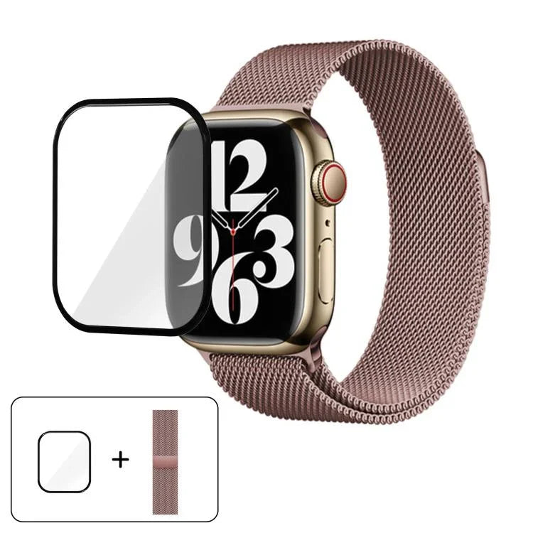 สายรัดนาฬิกาสแตนเลสสตีล Milanese พร้อมฟิล์มโค้ง 3D สำหรับ Apple Watch Series ขนาด 41 มม., สำหรับ Apple Watch Series ขนาด 38 มม., สำหรับ Apple Watch Series ขนาด 42 มม.