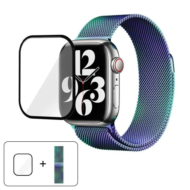 สายรัดนาฬิกาสแตนเลสสตีล Milanese พร้อมฟิล์มโค้ง 3D สำหรับ Apple Watch Series ขนาด 41 มม., สำหรับ Apple Watch Series ขนาด 38 มม., สำหรับ Apple Watch Series ขนาด 42 มม.