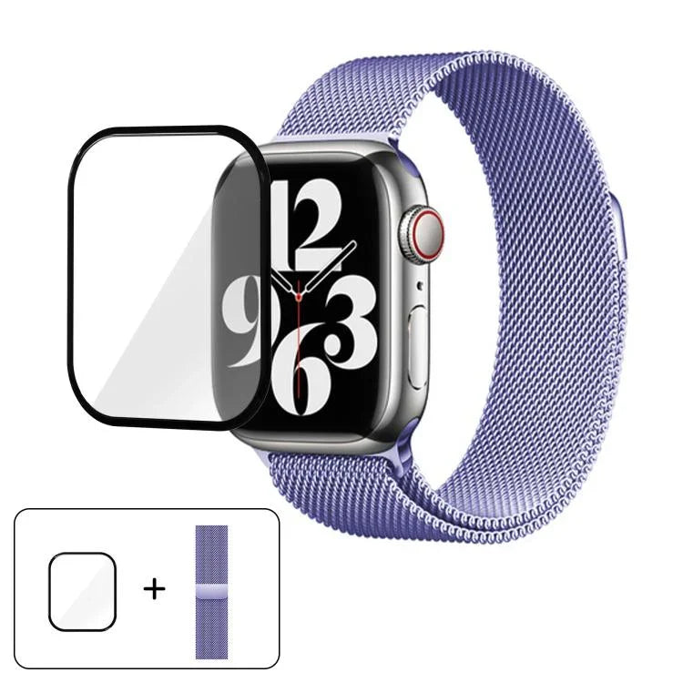สายรัดนาฬิกาสแตนเลสสตีล Milanese พร้อมฟิล์มโค้ง 3D สำหรับ Apple Watch Series ขนาด 41 มม., สำหรับ Apple Watch Series ขนาด 38 มม., สำหรับ Apple Watch Series ขนาด 42 มม.