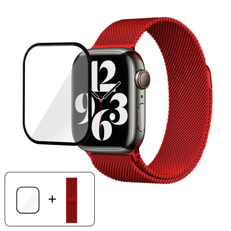 สายรัดนาฬิกาสแตนเลสสตีล Milanese พร้อมฟิล์มโค้ง 3D สำหรับ Apple Watch Series ขนาด 41 มม., สำหรับ Apple Watch Series ขนาด 38 มม., สำหรับ Apple Watch Series ขนาด 42 มม.