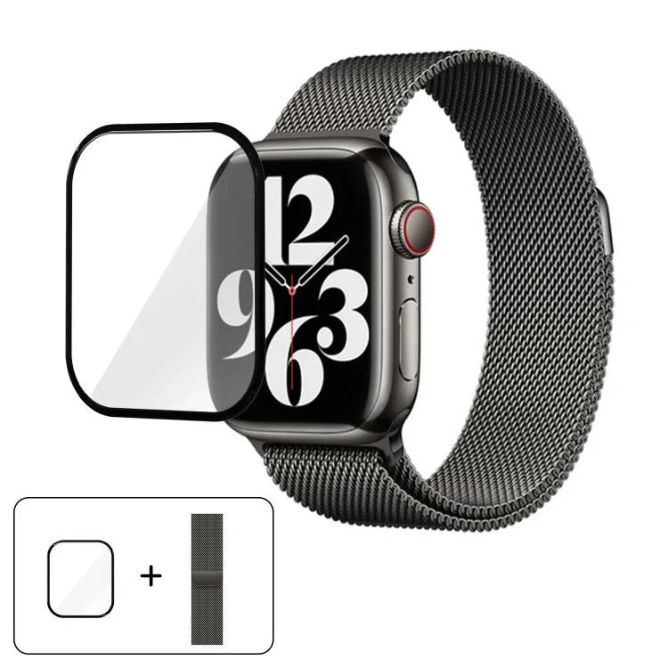 สายรัดนาฬิกาสแตนเลสสตีล Milanese พร้อมฟิล์มโค้ง 3D สำหรับ Apple Watch Series ขนาด 41 มม., สำหรับ Apple Watch Series ขนาด 38 มม., สำหรับ Apple Watch Series ขนาด 42 มม.