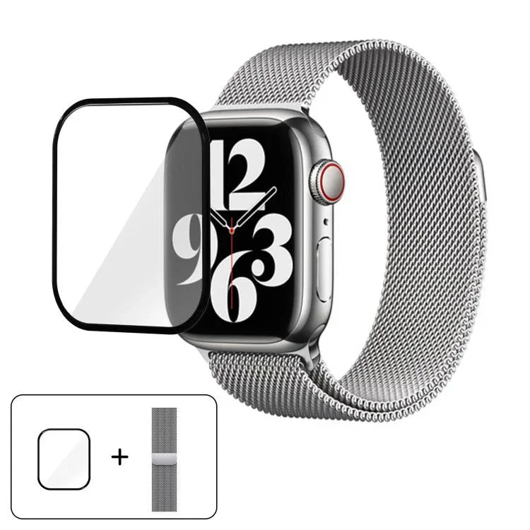 สายรัดนาฬิกาสแตนเลสสตีล Milanese พร้อมฟิล์มโค้ง 3D สำหรับ Apple Watch Series ขนาด 41 มม., สำหรับ Apple Watch Series ขนาด 38 มม., สำหรับ Apple Watch Series ขนาด 42 มม.