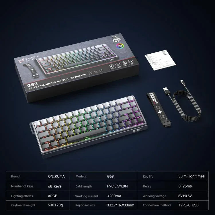 ONIKUMA G69 คีย์บอร์ดแบบมีสาย 68 ปุ่ม พร้อมไฟ RGB และสวิตช์แม่เหล็ก
