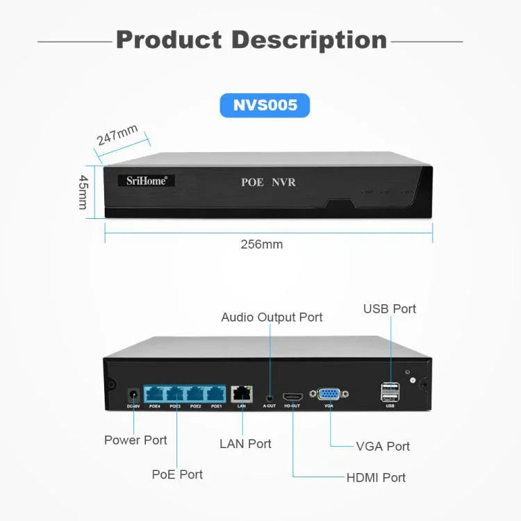 ชุดกล้องเครือข่ายบันทึกวิดีโอ SriHome NVS005-POE065 ความละเอียด 3MP 4 ช่อง POE, 3MP 4 ช่อง