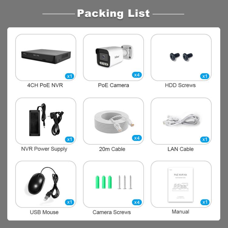 ชุดกล้องเครือข่ายบันทึกวิดีโอ SriHome NVS005-POE065 ความละเอียด 3MP 4 ช่อง POE, 3MP 4 ช่อง