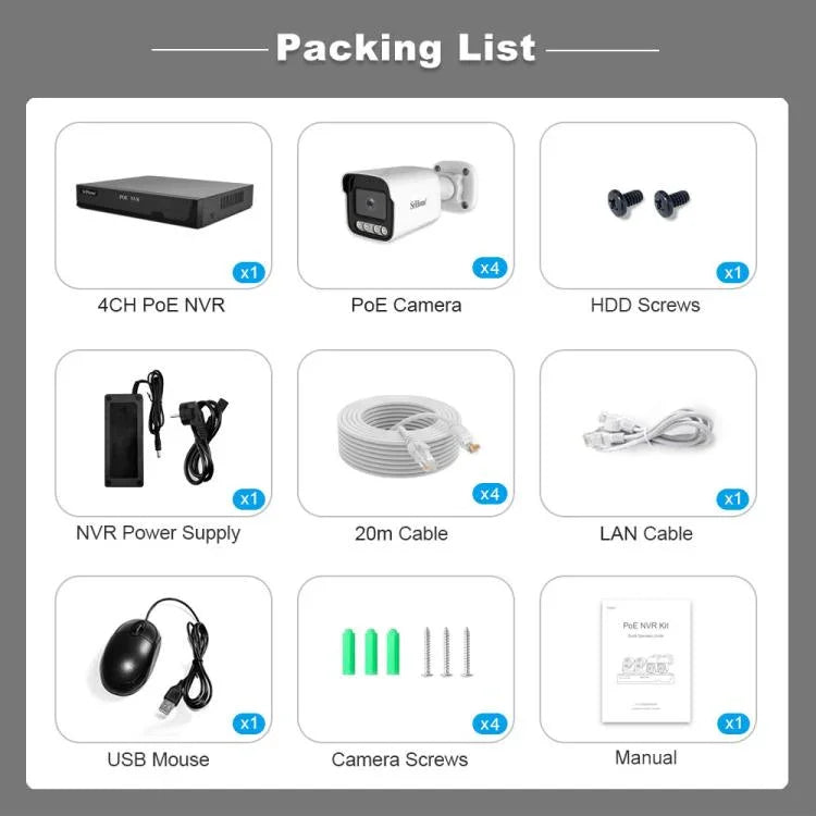 ชุดกล้องเครือข่ายบันทึกวิดีโอ SriHome NVS005-POE065 ความละเอียด 3MP 4 ช่อง POE, 3MP 4 ช่อง