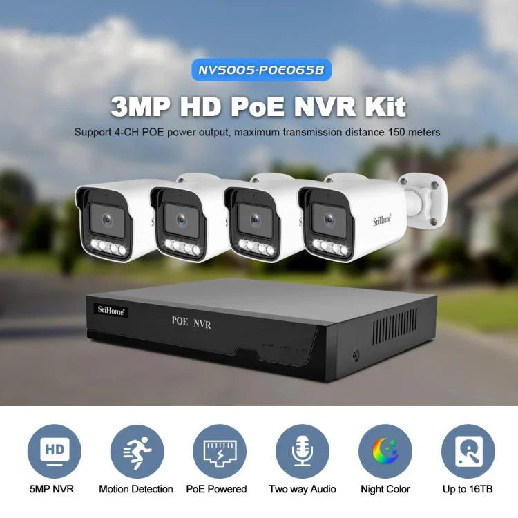 ชุดกล้องเครือข่ายบันทึกวิดีโอ SriHome NVS005-POE065 ความละเอียด 3MP 4 ช่อง POE, 3MP 4 ช่อง