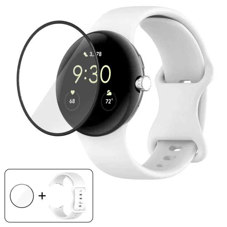 สายรัดนาฬิกาซิลิโคนหัวเข็มขัดผีเสื้อพร้อมฟิล์มโค้ง 3D สำหรับ Google Pixel Watch 3 45mm, สำหรับ Google Pixel Watch 3 41mm, สำหรับ Google Pixel Watch 2, สำหรับ Google Pixel Watch