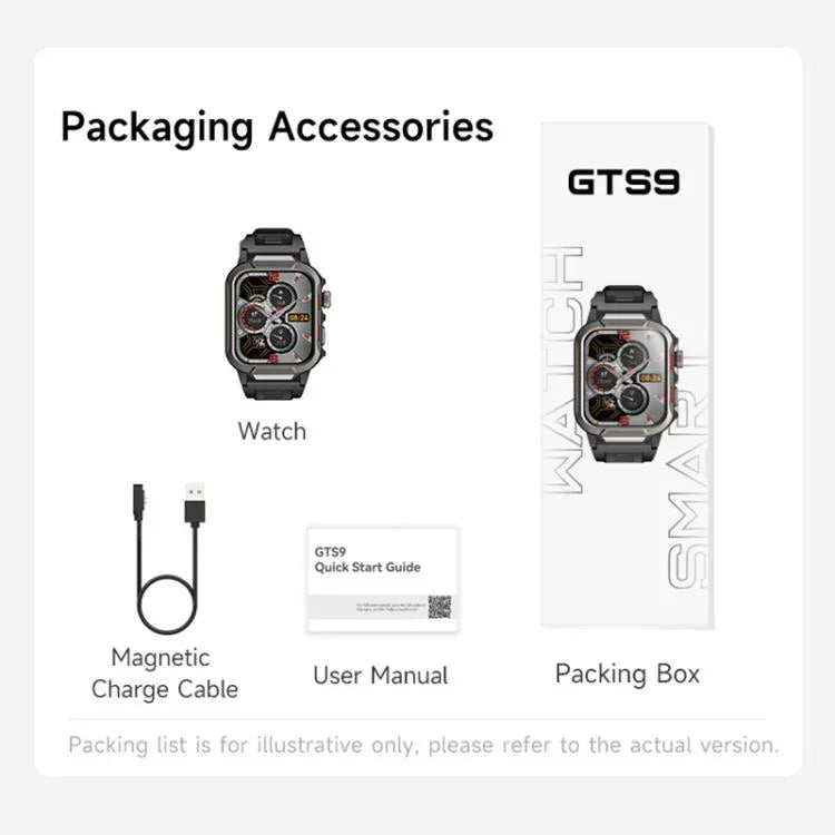 GTS9 นาฬิกาอัจฉริยะหน้าจอ TFT 1.96 นิ้ว สำหรับกิจกรรมกลางแจ้ง ทนทาน กันน้ำ 3ATM