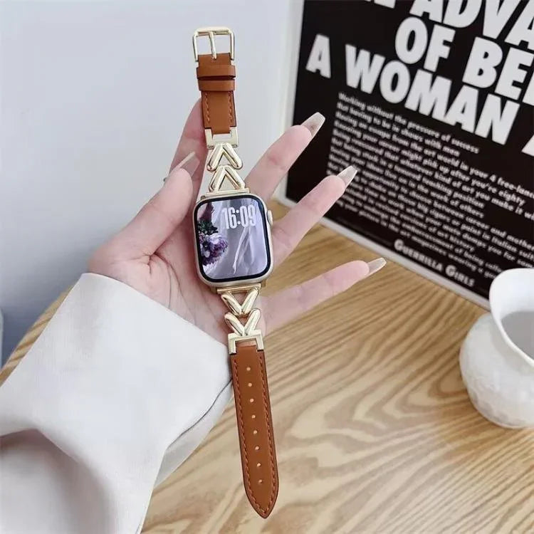สายรัดนาฬิกาหนังผสมโลหะรูปตัว V xDfind สำหรับ Apple Watch ขนาด 42 / 44 / 45 / 46 / 49 มม., สำหรับ Apple Watch ขนาด 38 / 40 / 41 / S10 42 มม.