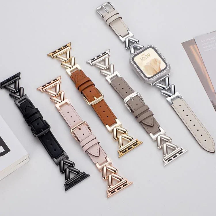 สายรัดนาฬิกาหนังผสมโลหะรูปตัว V xDfind สำหรับ Apple Watch ขนาด 42 / 44 / 45 / 46 / 49 มม., สำหรับ Apple Watch ขนาด 38 / 40 / 41 / S10 42 มม.