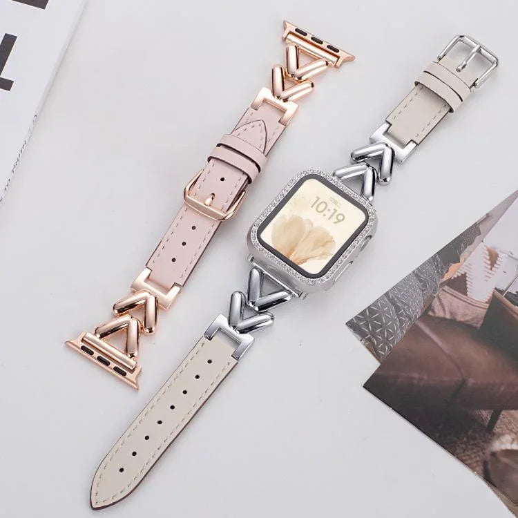 สายรัดนาฬิกาหนังผสมโลหะรูปตัว V xDfind สำหรับ Apple Watch ขนาด 42 / 44 / 45 / 46 / 49 มม., สำหรับ Apple Watch ขนาด 38 / 40 / 41 / S10 42 มม.