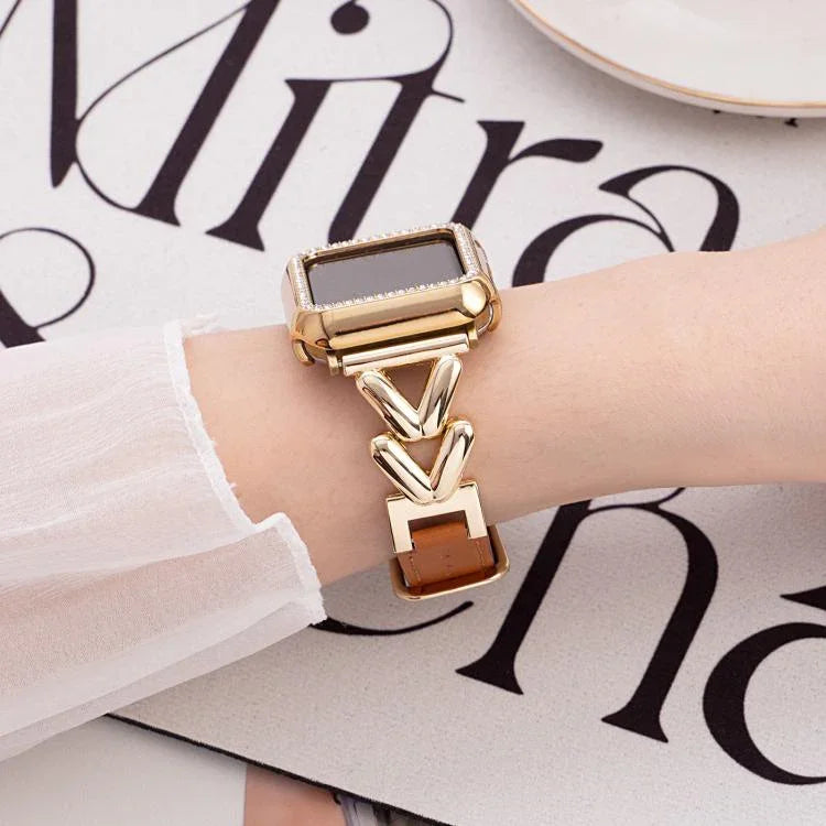 สายรัดนาฬิกาหนังผสมโลหะรูปตัว V xDfind สำหรับ Apple Watch ขนาด 42 / 44 / 45 / 46 / 49 มม., สำหรับ Apple Watch ขนาด 38 / 40 / 41 / S10 42 มม.