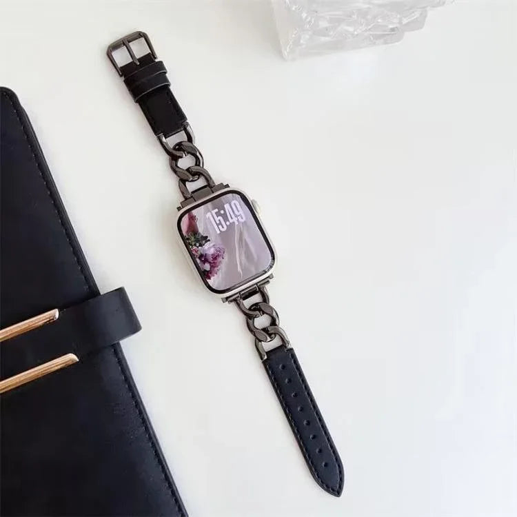 สายรัดนาฬิกาหนังผสมโลหะโซ่ผ้ายีนส์ xDfind สำหรับ Apple Watch ขนาด 42 / 44 / 45 / 46 / 49 มม., สำหรับ Apple Watch ขนาด 38 / 40 / 41 / S10 42 มม.