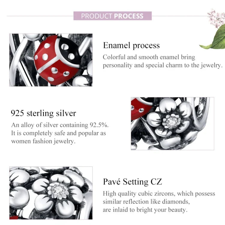 ลูกปัดเต่าทองเอลฟ์สวนเงินสเตอร์ลิง S925 อุปกรณ์สร้อยข้อมือสร้อยคอ DIY, Elves Ladybug