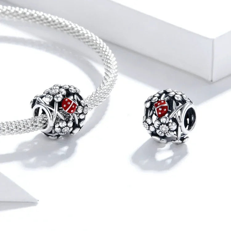 ลูกปัดเต่าทองเอลฟ์สวนเงินสเตอร์ลิง S925 อุปกรณ์สร้อยข้อมือสร้อยคอ DIY, Elves Ladybug