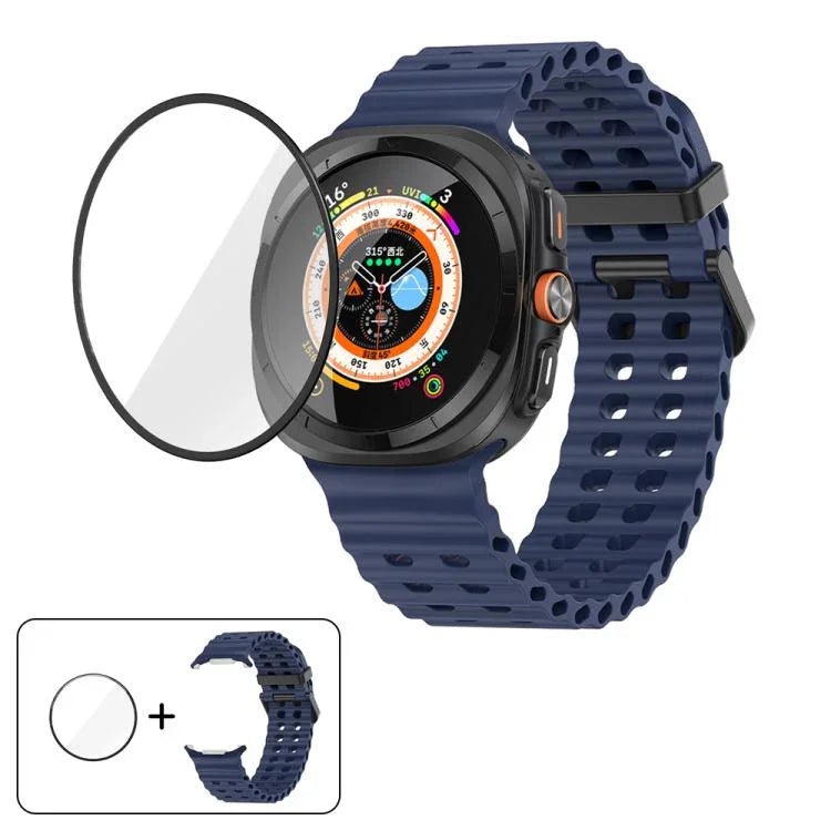 สายซิลิโคน Marine Double Buckle พร้อมฟิล์มโค้ง 3D สำหรับ Samsung Galaxy Watch Ultra 2025, สำหรับ Samsung Galaxy Watch Ultra 47mm