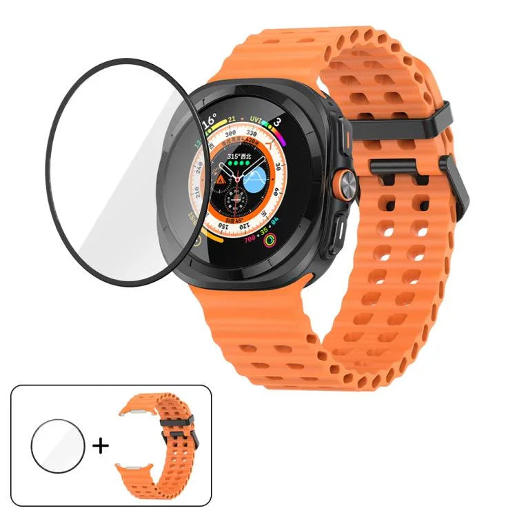 สายซิลิโคน Marine Double Buckle พร้อมฟิล์มโค้ง 3D สำหรับ Samsung Galaxy Watch Ultra 2025, สำหรับ Samsung Galaxy Watch Ultra 47mm