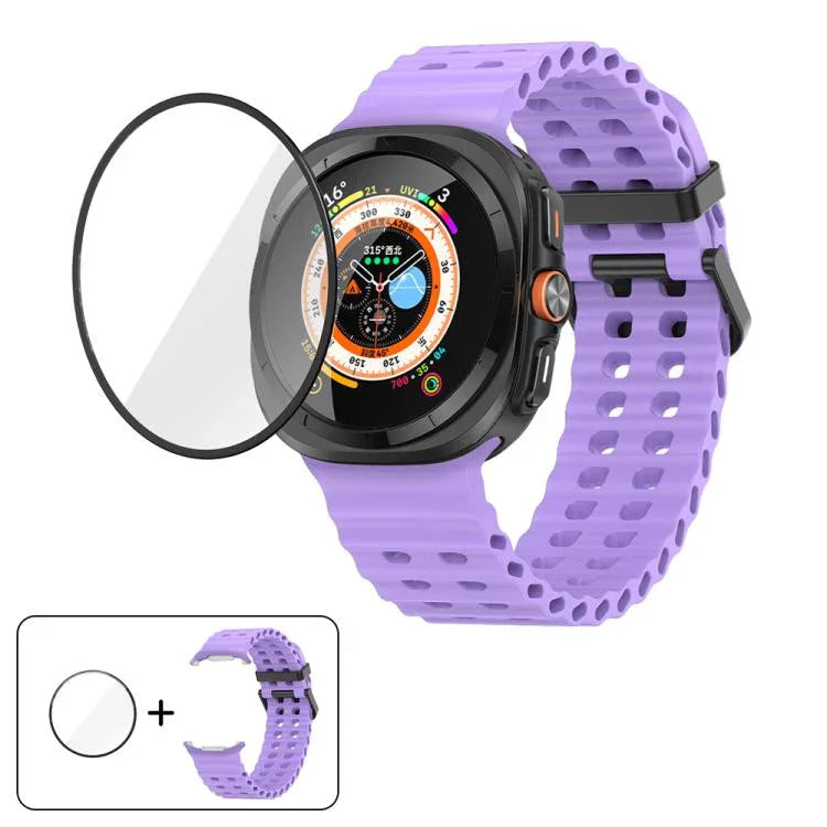 สายซิลิโคน Marine Double Buckle พร้อมฟิล์มโค้ง 3D สำหรับ Samsung Galaxy Watch Ultra 2025, สำหรับ Samsung Galaxy Watch Ultra 47mm