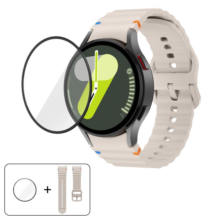 สายซิลิโคนเย็บลายคลื่นพร้อมฟิล์มโค้ง 3D, สำหรับ Samsung Galaxy Watch FE 40mm, สำหรับ Samsung Galaxy Watch7 44mm, สำหรับ Samsung Galaxy Watch7 40mm, สำหรับ Samsung Galaxy Watch6 Classic 47mm