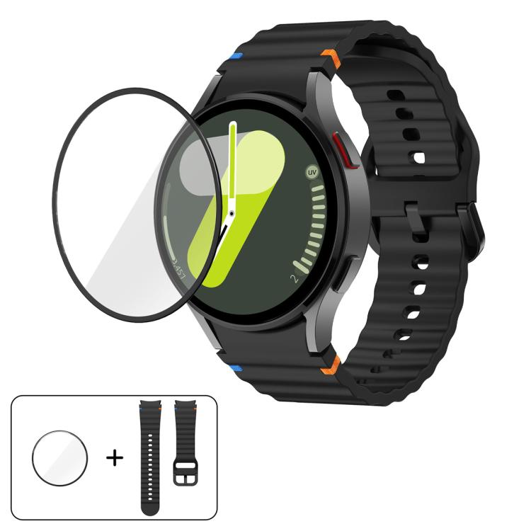สายซิลิโคนเย็บลายคลื่นพร้อมฟิล์มโค้ง 3D สำหรับ Samsung Galaxy Watch4 Classic 46mm, สำหรับ Samsung Galaxy Watch4 Classic 42mm, สำหรับ Samsung Galaxy Watch5 Active 40mm, สำหรับ Samsung Galaxy Watch5 Active 44mm