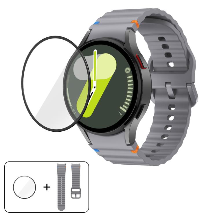 สายซิลิโคนเย็บลายคลื่นพร้อมฟิล์มโค้ง 3D สำหรับ Samsung Galaxy Watch4 Classic 46mm, สำหรับ Samsung Galaxy Watch4 Classic 42mm, สำหรับ Samsung Galaxy Watch5 Active 40mm, สำหรับ Samsung Galaxy Watch5 Active 44mm