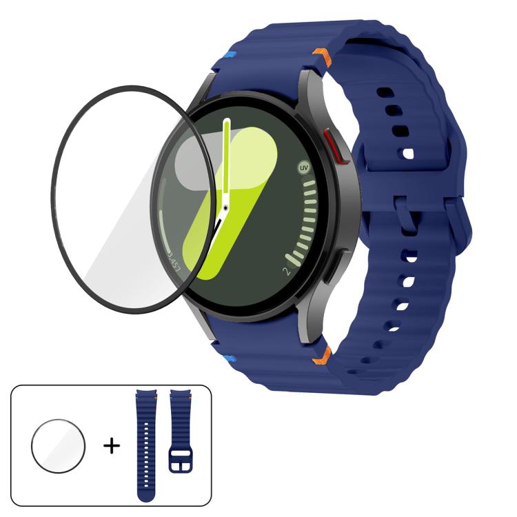 สายซิลิโคนเย็บลายคลื่นพร้อมฟิล์มโค้ง 3D สำหรับ Samsung Galaxy Watch4 Classic 46mm, สำหรับ Samsung Galaxy Watch4 Classic 42mm, สำหรับ Samsung Galaxy Watch5 Active 40mm, สำหรับ Samsung Galaxy Watch5 Active 44mm